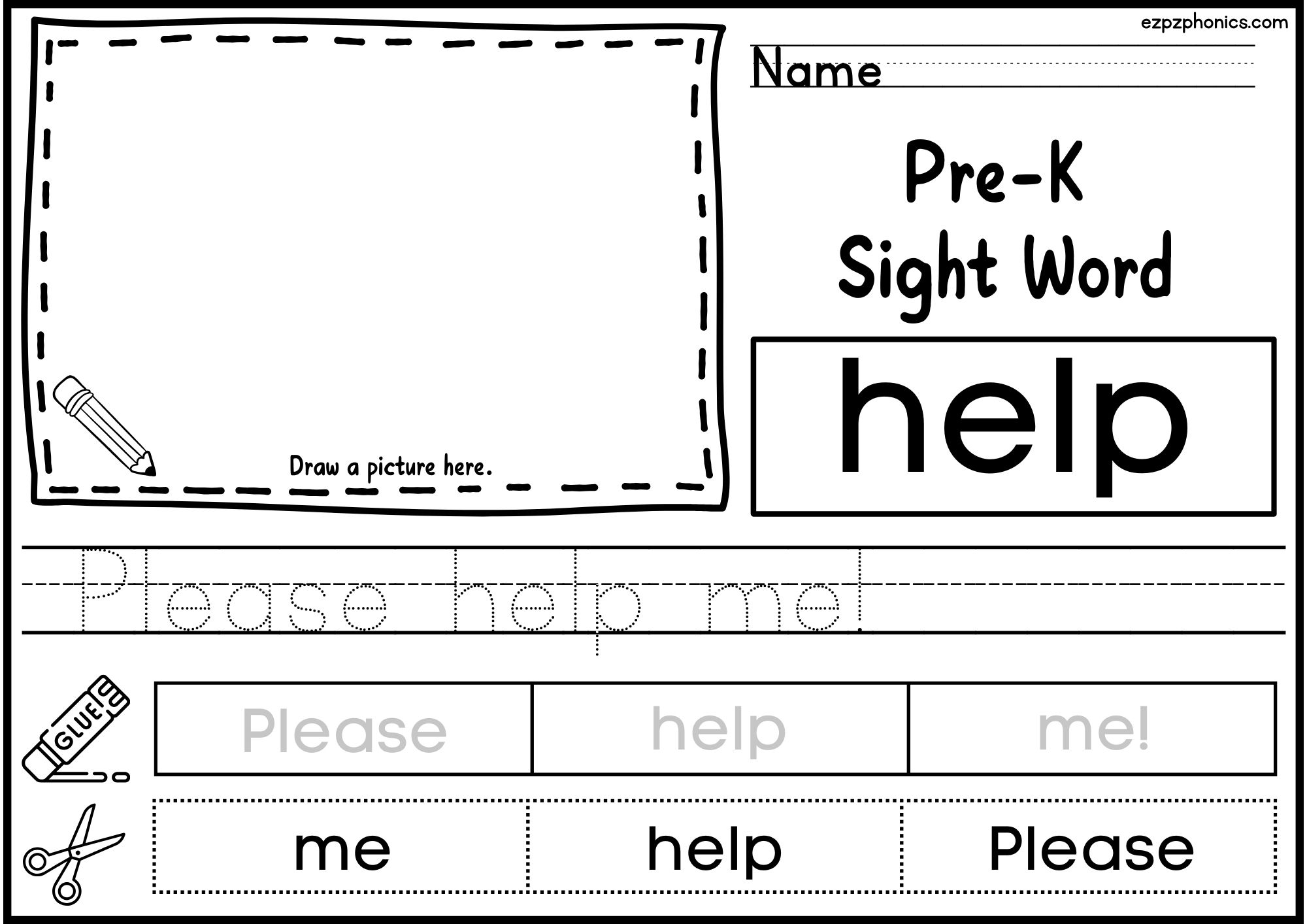 Help Dolch Sight Word Activity. Draw, Color, Cut and Paste, and Word Tracing.